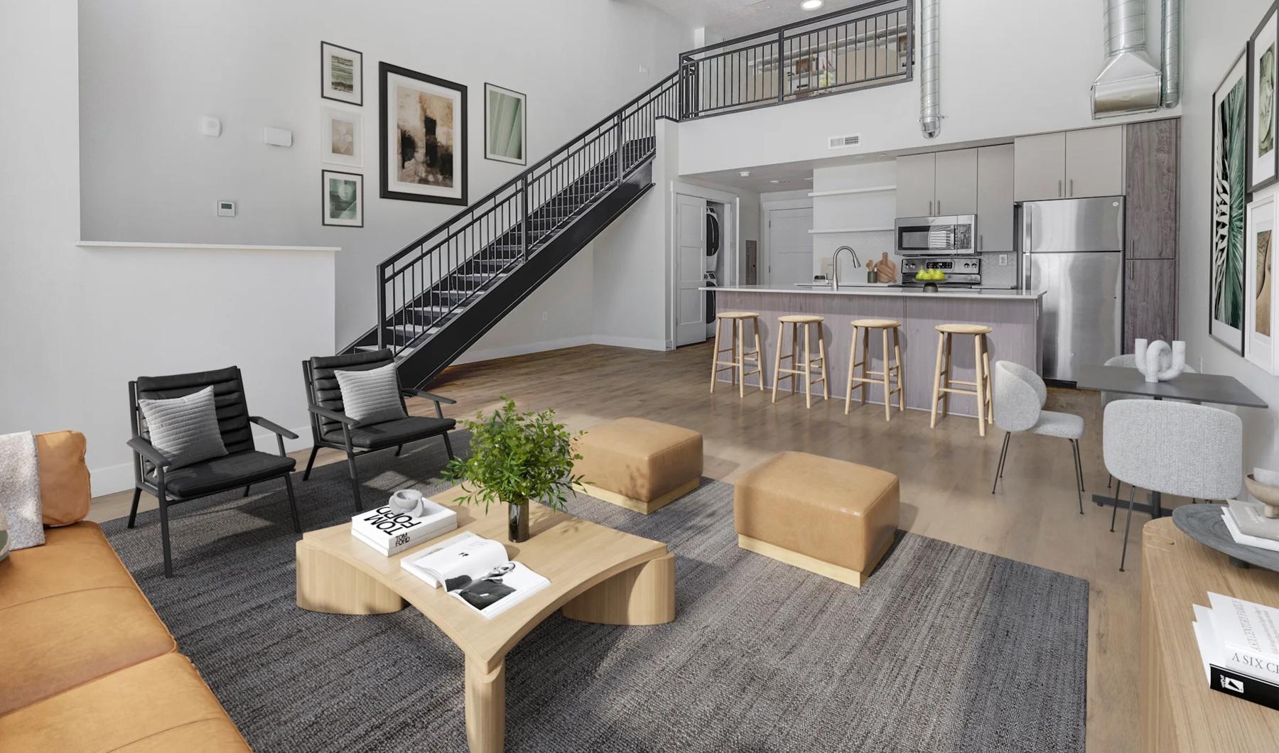 a room with a staircase and chairs